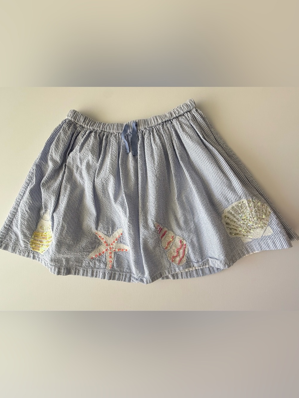Mini Boden Blue and White Seersucker Skirt with Embroidered Shells
